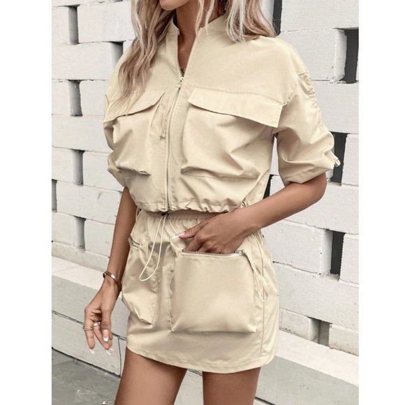 Casual Flap Pocket Drawstring Hem Jacket & Skirt Khaki - Picture 2 of 9